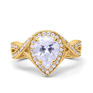Teardrop Engagement Bridal Ring Halo Infinity Twist Shank Pear Yellow Tone, Simulated CZ 925 Sterling Silver